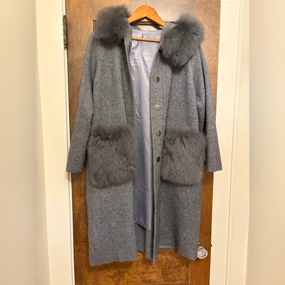 Custom Made Gray Faux Fur Trimmed Coat